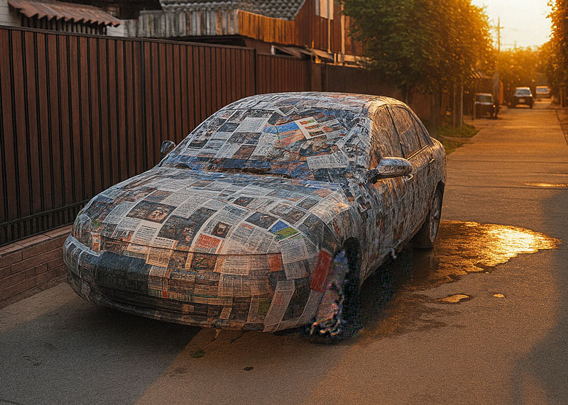 Automóvil intervenido con papel de prensa mojado sobre la superficie