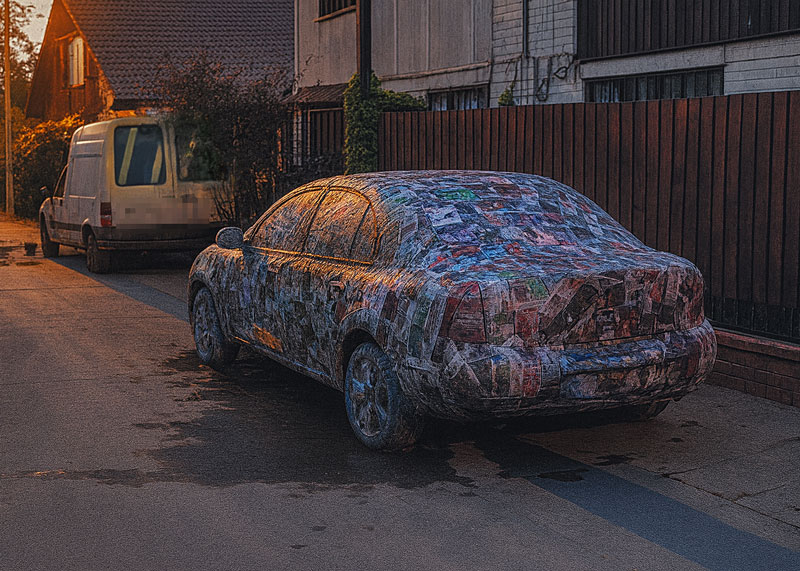 Automóvil intervenido con papel de prensa mojado sobre la superficie